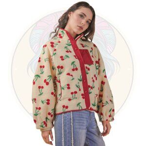 11C Ivory Cherry Graphic Fleece Sherpa Button Up Jacket